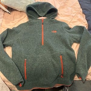 Green and red north face half zip hooded sweatshirt